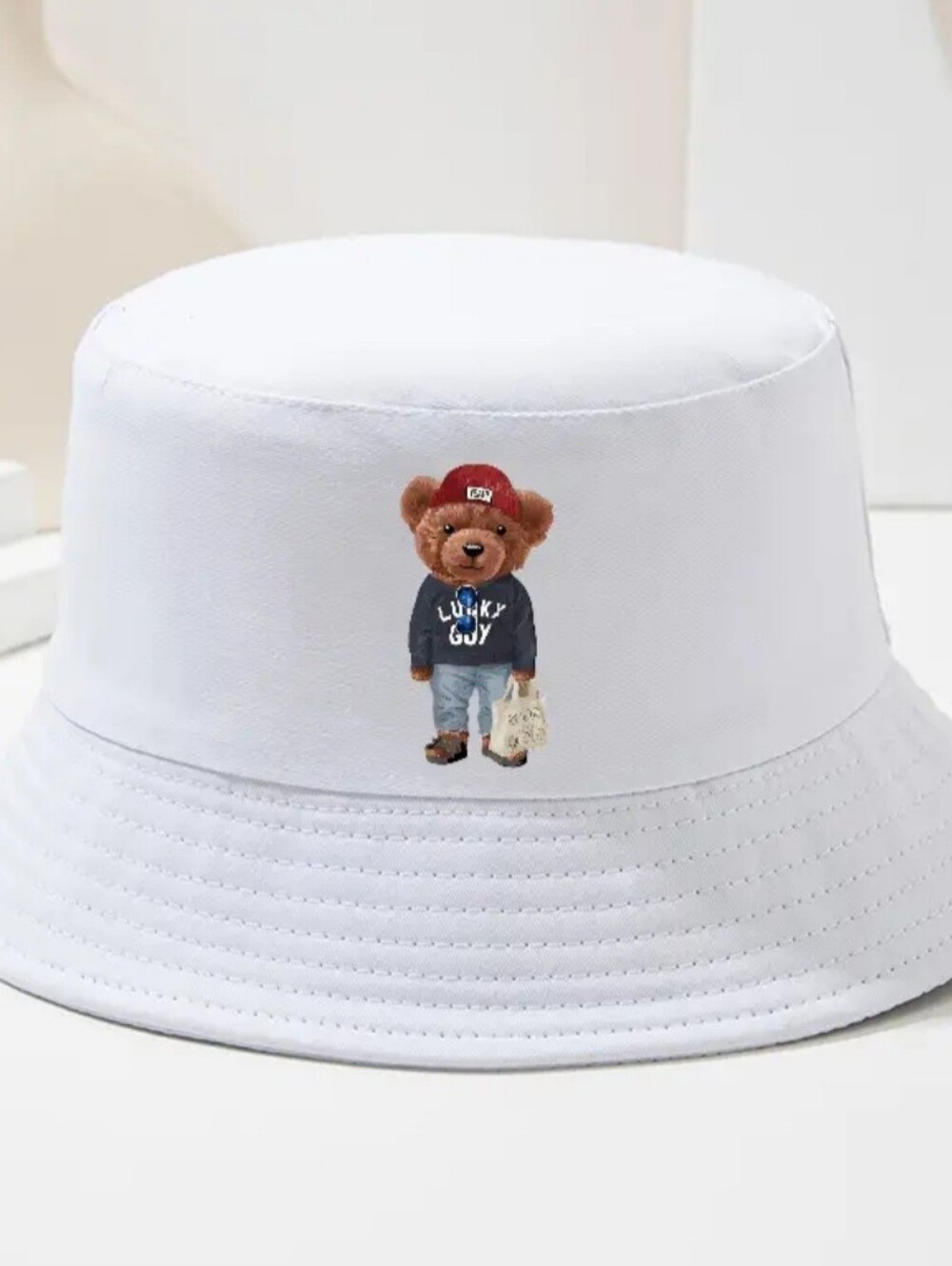 White Teddy Bear Bucket Hat with Cute Bear Patch